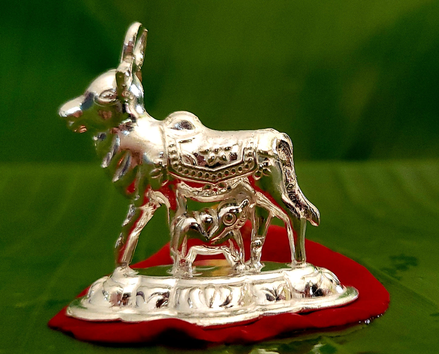 Pure Silver Kamdhenu Cow With Calf Idol