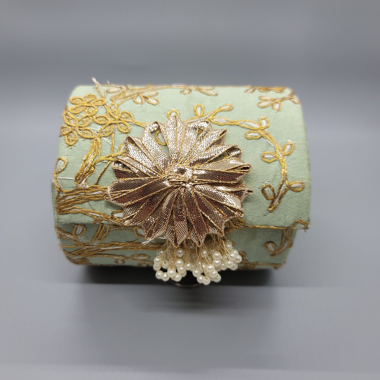 Designer Zardosi Bangle Box With Floral Pearl Hangings